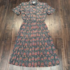 Vintage 70s Leslie Fay Green Patterned Dress Womens 12 Pleated Midi Short Sleeve